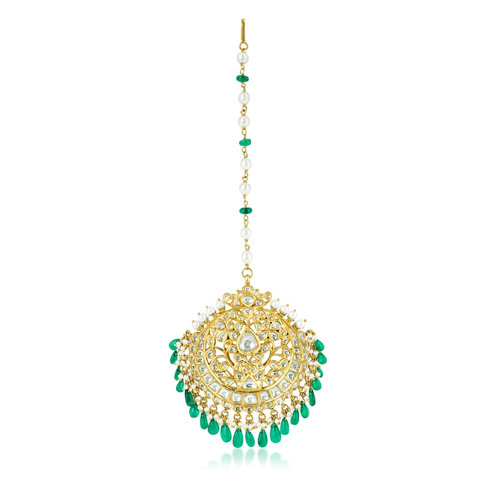 Polki Gold Tikka with Emerald Drops and Pearls